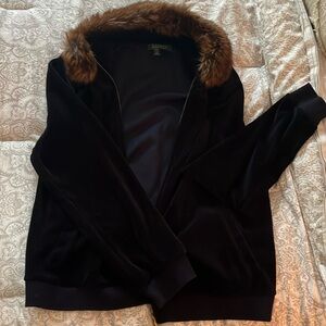 Ralph Lauren navy velour zip up jacket with removable fur neck collar.